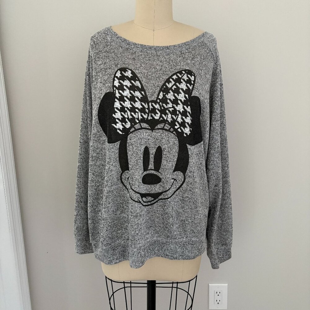 Disney Parks Women’s Crew Neck Minnie Mouse Knit Sweater Heather Gray Preppy XL